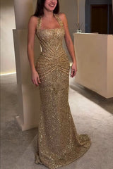 Velda Sequin Halter Square Neck Ruched Wst Back Lace-up Drape Flare Maxi Dress