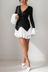 Fashionable Contrast Color Panel Long Sleeve Ruffled Mini Dress