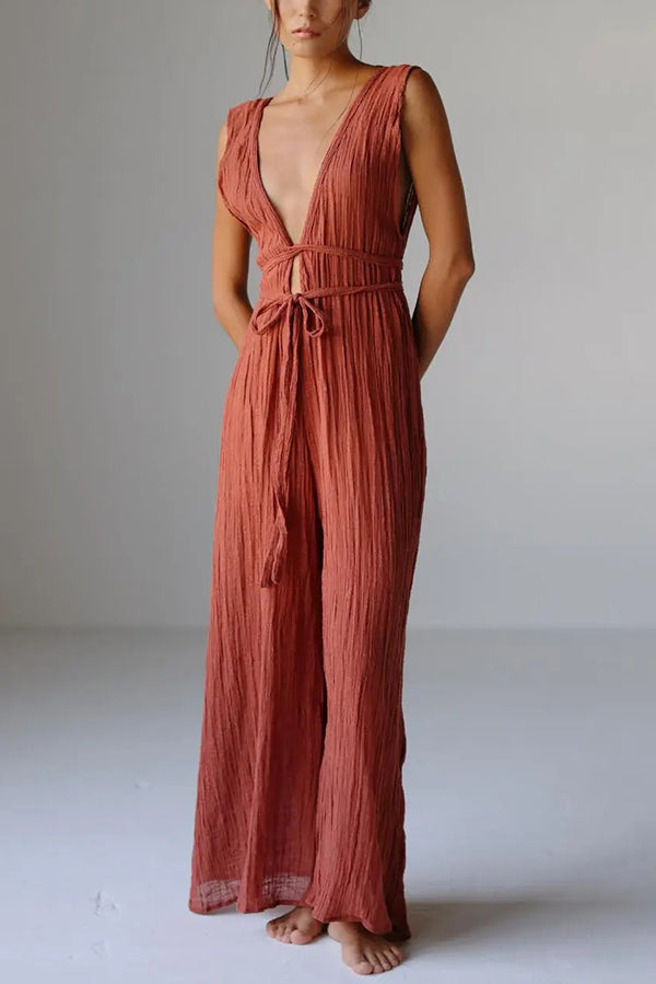 Resort Style V-neck Tie Pleated Casual Jumpsuit