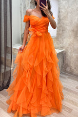 Pretty First Impression Tulle Off Shoulder Tiered Ruffle Evening Maxi Dress