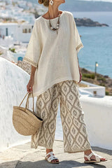 Linen Blend Unique Print Half Sleeve Top and Elastic Waist Pocket Loose Pants Set