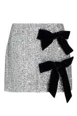 Holiday Party Sequin Velvet Bow Detail High Rise Stretch Mini Skirt