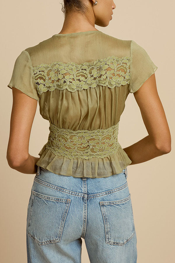 Sabrina Chiffon Lace Trim Button Up Short Sleeve Ruffle Plung Blouse