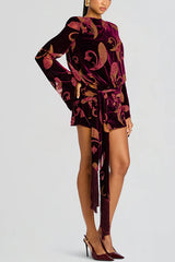 Night Out Velvet Paisley Print Long Sleeve Tie-up Tassel Loose Mini Dress