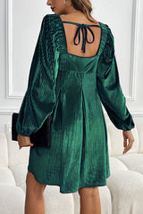 Solid Color Velvet Square Neck Long Sleeve Pocket Casual Mini Dress