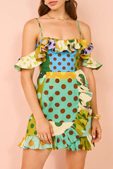 Chic Color Block Dot Print Invisible Zipper Strap Mini Dress