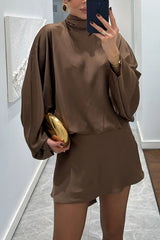 Solana Satin Draped Ribbons High Neck Long Sleeve Elastic Wst Mini Dress