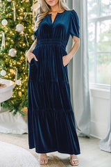 Stunning V-Neck Velvet Stretch Waist Pocket Pleated Maxi Dress
