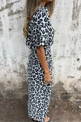 Fashionable Leopard Print Short Sleeve Tie Waist Elegant Maxi Dress