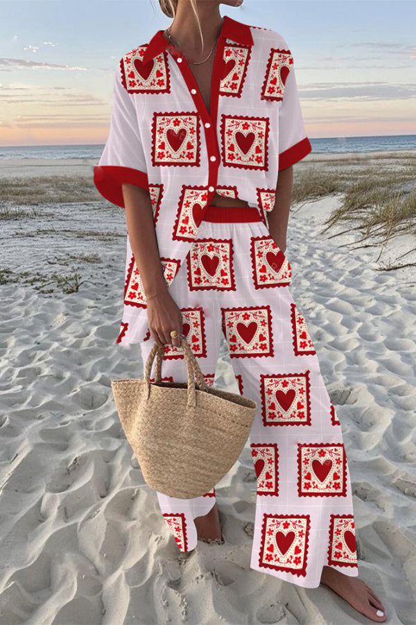 Red Heart-print Oversized Shirt and Elastic Waist Pocket Pants Set