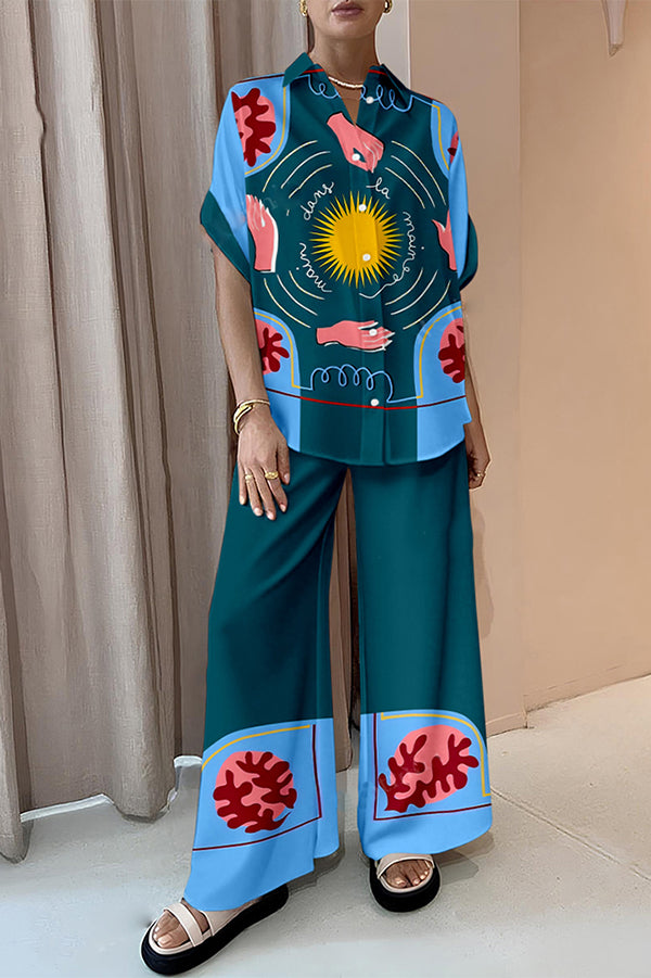 Sun Print Oversized Blouse and Elastic Waist Pocketed Pants Set