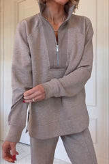 Alfia Ribbed Stand Zipper Neck Long Sleeve Sweatshirt and Button Elastic Waist Pocketed Loose Pants Set