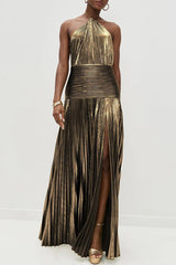 Glamorous Metallic Pleated Fabric Open Back Halter Slit Maxi Dress