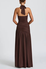 Solid Color Halter Neck Backless Slim Fit Pleated Slit Maxi Dress