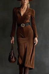 Stylish Suede V-neck Long-sleeved Slim-fit Slit Midi Dress