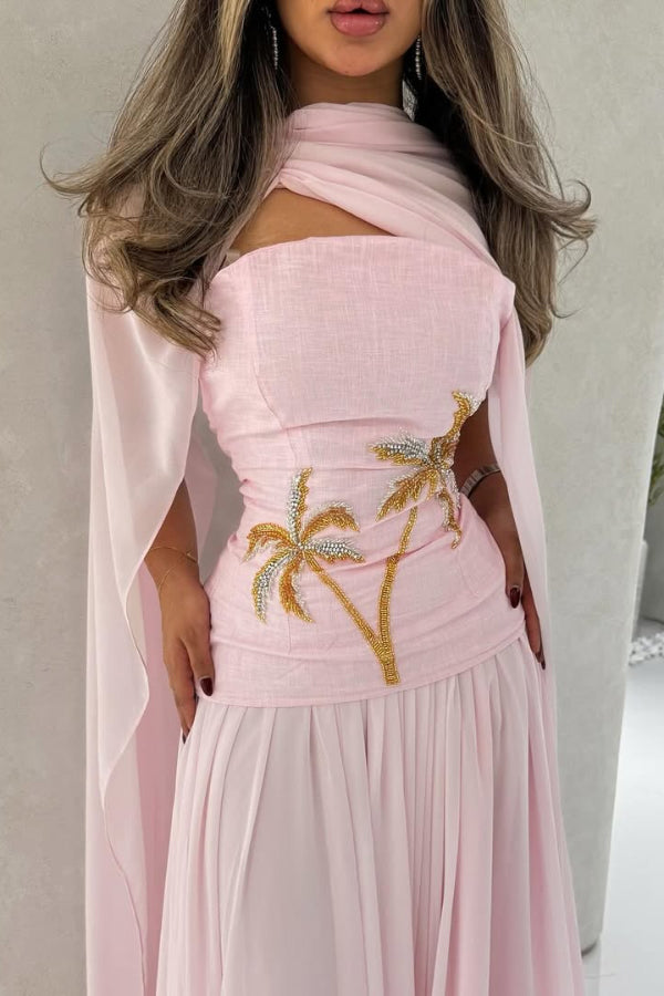 Stylish Beaded Sleeveless Off-shoulder Elegant Maxi Dress with Chiffon Shawl