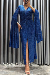 Spotlight Darling Sequin Cape Sleeve Cross Waist Slit Evening Midi Dress