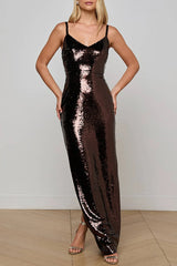 Dazzling Like Flowing Water Sequin V-neck Back Zipper Slit Maxi Dress