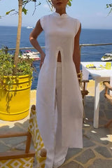 Elegant Resort Linen Blend Stand Neck Front Slit Midi Top and Elastic Waist Loose Pants Set
