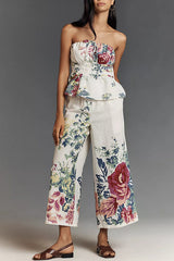 In To The Summer Linen Blend Floral Print Elastic Bandeau and Elastic Waist Pocket Loose Pants Set