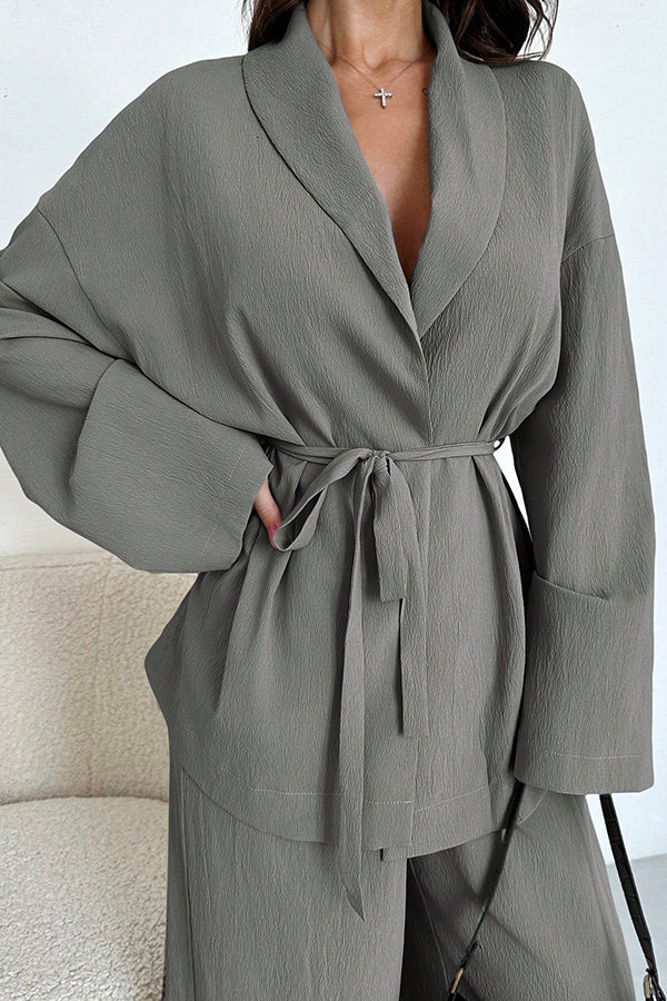 Solid Color Collared Long-sleeved Tie-wst Loose Top and Elastic Wst Casual Wide-leg Pants Set