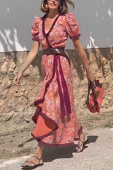 Bohemian Floral Print Elegant Puff Sleeve Holiday Maxi Dress