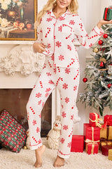 Snowflake Candy Print Casual Long-sleeved Shirt and Elastic Waist Pants Set
