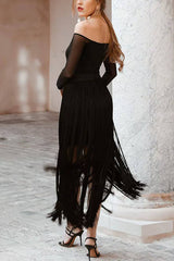 Elegant Tassel Hem Elastic Waist Casual Maxi Skirt
