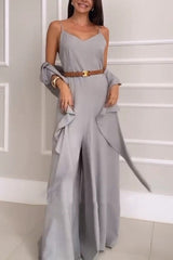 Solid Color V-neck Suspenders Casual Wide-leg Jumpsuit (Contains Shawl)