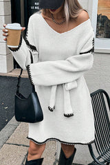 Stylish Loose-fitting Long-sleeved Tie-waist Knit Mini Dress