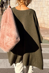 Fashion V-neck Loose Pocket Mid-length Knitted Poncho Sweater