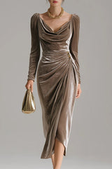 Solid Color Velvet Long-sleeved Slim-fit Pleated Midi Dress