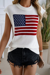 Independence Day Knitted Graphic Crew Neck Sleeveless Casual Top