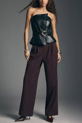 Fashionable and Avant-garde Faux Leather Belted Strapless Asymmetric Top