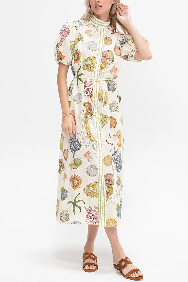 Beach Shell Print Puff Sleeve Tie-Waist Casual Midi Dress