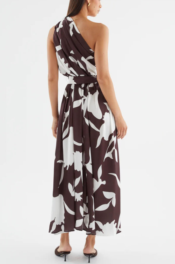 Unique Printed One-Shoulder Belt Casual Holiday Maxi Dress
