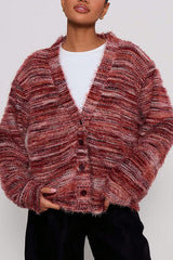 Fashionable Mixed Color Loose V-neck Casual Knit Cardigan