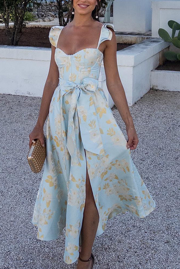 Baroque Floral Sweetest Ruffle Back Smocked Corset Midi Dress