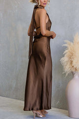 Satin Fashion Halter Backless Slim Elegant Maxi Dress