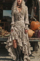 Floral Print V-neck Long-sleeved Irregular Ruffle Maxi Dress