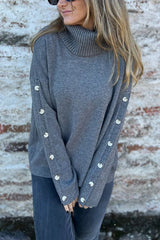 Solid Color Casual Turtleneck Button Decoration Long Sleeve Loose Knit Sweater