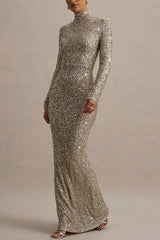Galaxy Premium Sequin Turtle Neck Long Sleeve Maxi Dress