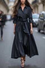 Solid Color Collared Long-sleeved Belted Shirt Style Elegant Maxi Dress