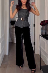 Fashionable and Avant-garde Faux Leather Belted Strapless Asymmetric Top