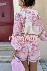 Botanical Print Palace Style Stand-up Collar Lantern Sleeve Loose Top and Casual Shorts Set