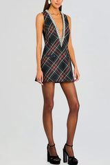 Elegant Demeanor Satin Gemstone Trim Deep V-Neck Tank H-line Mini Dress