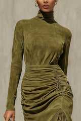 Stylish Suede High-neck Long-sleeved Pleated Tassel Midi Dress