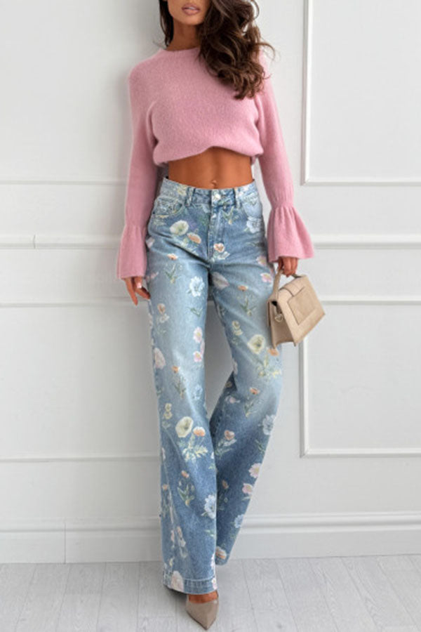 Spring Calling Denim Colorful Floral Print High Rise Pocket Straight Leg Jeans