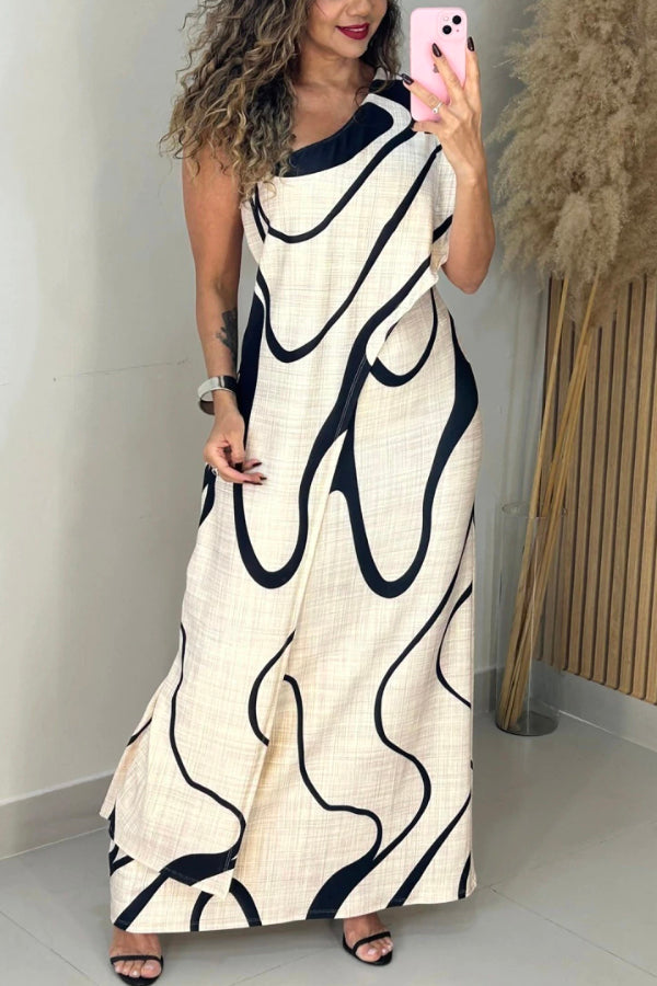 Unique Printed One-Shoulder Short-Sleeve Casual Maxi Dress