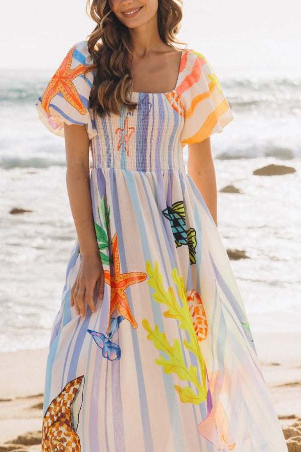 Marine Creature Print Square Neck Puff Sleeve Pleated Casual Pocket Maxi Dress